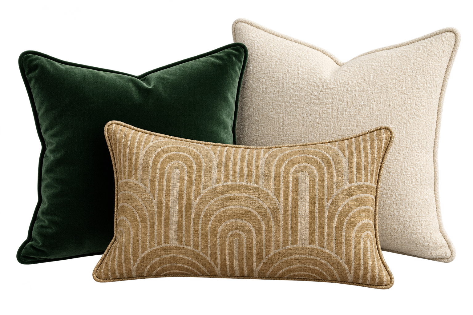 Colección de almohadones en terciopelo, bouclé y lino