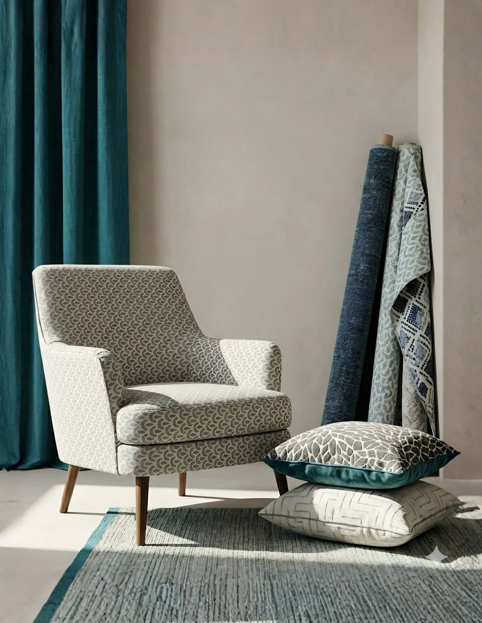 Sillón tapizado y rollos de tapices decorativos